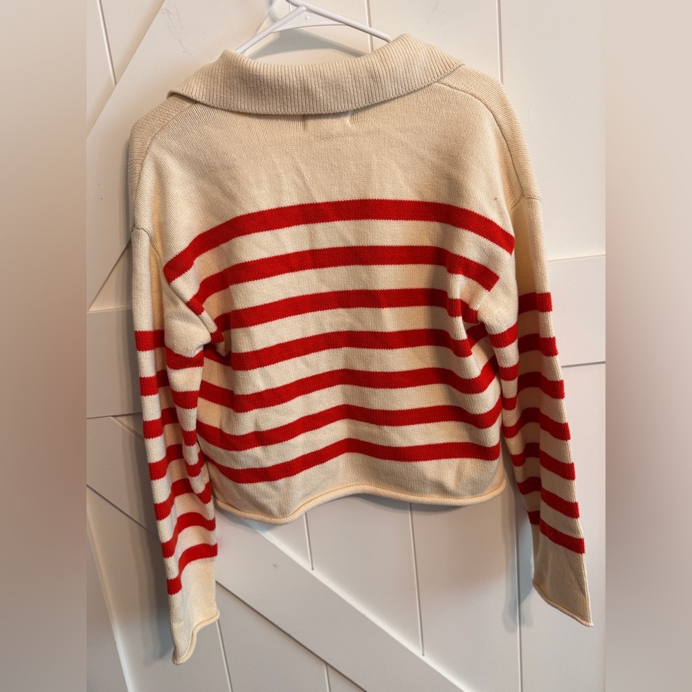 Marled Cream and Red Knit Sweater Tie Front Women Sweater Longer Cropped Length - Picture 5 of 5
